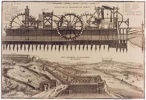 Elevation and perspective of the Machine de Marly (c. 1715) by Nicolas de Fer