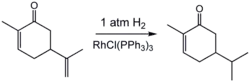 Selective hydrogenation of the less hindered alkene group in carvone using a homogeneous catalyst (Wilkinson's catalyst).[16]