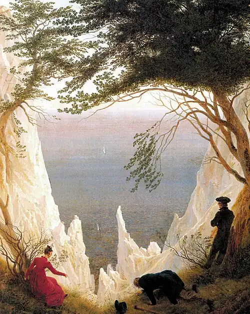Friedrich, Chalk Cliffs on Rügen, (1818). Friedrich married Christiane Caroline Bommer in 1818, and on their honeymoon they visited relatives in Neubrandenburg and Greifswald. This painting celebrates the couple's union.[147]]