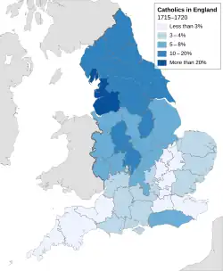 A map of England, showing all Northern counties at least 10% Catholic and Lancashire more than 20% Catholic.