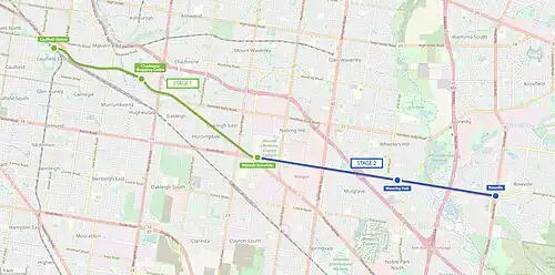 2018 State Government proposal for a new light rail line from Caulfield railway station to Chadstone, Monash University, Waverley Park and Rowville.