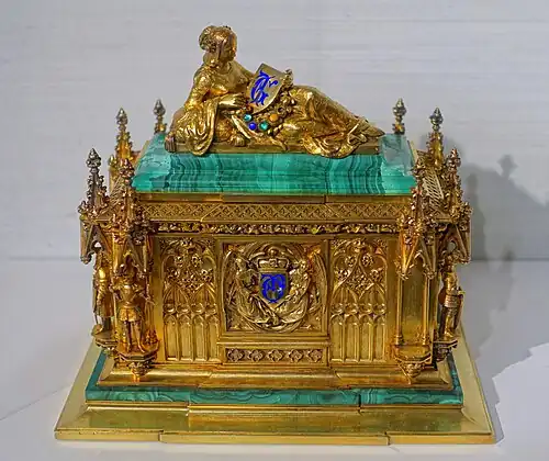 Ceremonial box for the wedding of Helene von Mecklenburg to Prince Ferdinand Philippe, by Fossin & Fils, 1837, gilt silver, malachite and enamel, Hessisches Landesmuseum Darmstadt, Darmstadt, Germany