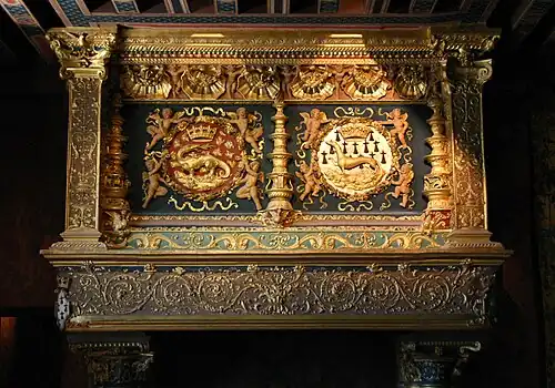 Renaissance putti on an elaborate fireplace with the crests of François I and Claude de France, in the Salle du Roi, Château of Blois, Blois, France, unknown architect, 1515–1524
