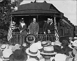 1916 Republican presidential nominee Charles Evans Hughes speaking during at the train station in Winona, Minnesota while completing a whistle-stop tour on the Milwaukee Road's Olympian