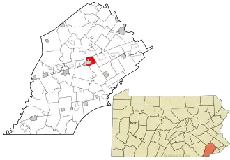 Location of East Caln Township in Chester County, Pennsylvania (top) and of Chester County in Pennsylvania (below)
