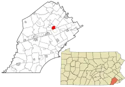 Location of Lionsville in Chester County (left) and of Chester County in Pennsylvania (right)