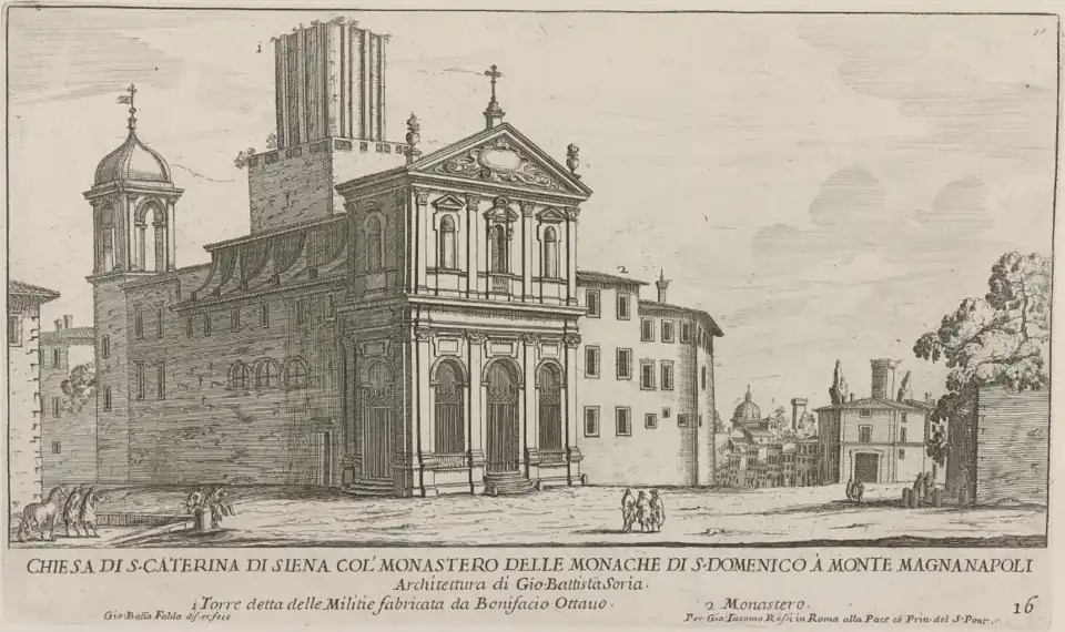 Engraving of c. 1667-1669 by Giovanni Battista Falda showing the church at the original street level.