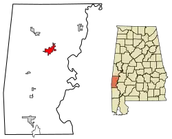 Location of Butler in Choctaw County, Alabama.