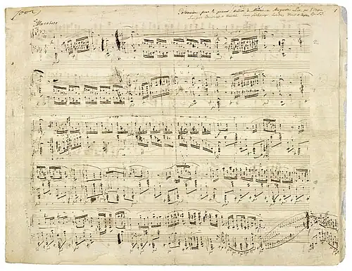 Image 3 Polonaise in A-flat major, Op. 53 (Chopin) Sheet music for the Polonaise in A-flat major, Op. 53, a solo piano piece written by Frédéric Chopin in 1842. This work is one of Chopin's most admired compositions and has long been a favorite of the classical piano repertoire. The piece, which is very difficult, requires exceptional pianistic skills and great virtuosity to be interpreted. A typical performance of the polonaise lasts seven minutes. More selected pictures