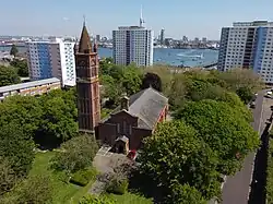 A birdseye view of the church looking over to Portsmouth Harbour