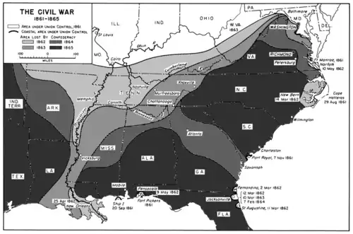 A map of the US South showing shrinking territory under rebel control