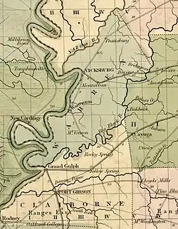 Mississippi River between Vicksburg and Rodney c. 1839 showing major roads and towns north of Natchez