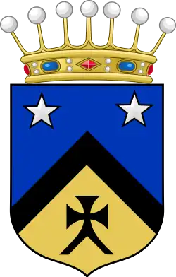 Faesch family coat of arms with a baronial coronet as used by family members, as the family was ennobled by the Holy Roman Emperor in 1563. The two stars were added on the occasion of the ennoblement.