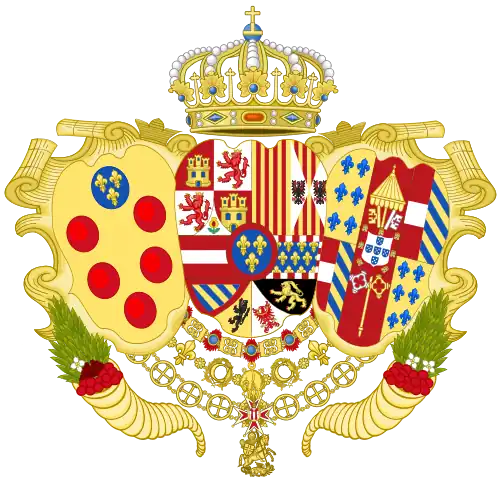 Coat of arms as Infante of Spain, Sovereign Duke of Parma, Piacenza and Guastalla, and Grand Prince and Heir of Tuscany (1731–1735)[75]
