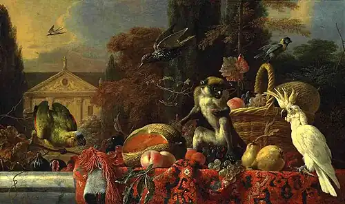 Cockatoo and Monkey by a Wicker Basket of Fruit (no date), oil on canvas. 76.5 x 127.6 cm., private collection
