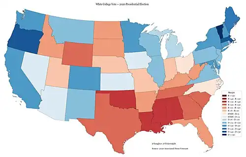 Map of the College White vote in the 2020 presidential election by state.