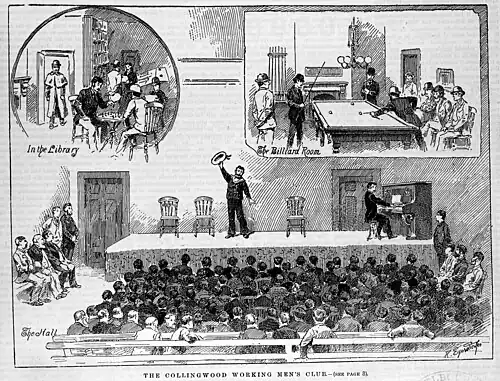 Black and white print showing a hall with a stage and a crowd of people watching a performance. Two inserts at the top of the print show a library and billiards room.