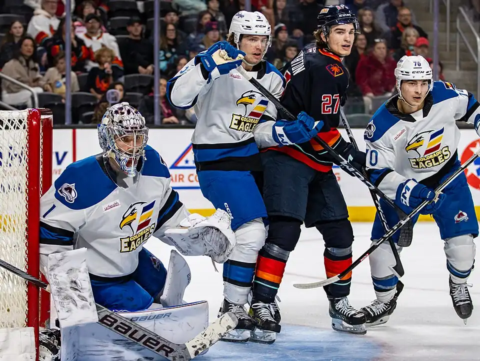 Colorado Eagles at Coachella Valley Firebirds - 2024-02-17 - Ivan Prosvetov, Wyatt Aamodt, Ryan Winterton and Sam Malinski (53537546796).jpg