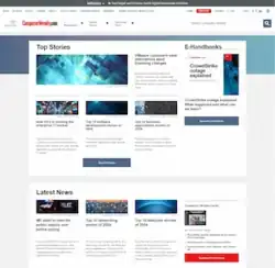 Screenshot of Computer Weekly website showing Top Stories section, E-Handbooks section, with the bottom section showing Latest News section, and CW Asia Pacific digital edition