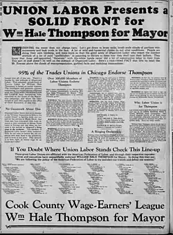 Large advertisement with the heading "Union labor presents a solid front for William Hale Thompson for Mayor"