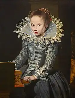 A gold-wrapped wire supportasse is visible through the sheer linen of this girl's collar. Cornelis de Vos, Young Girl at a Virginal, c. 1624–25