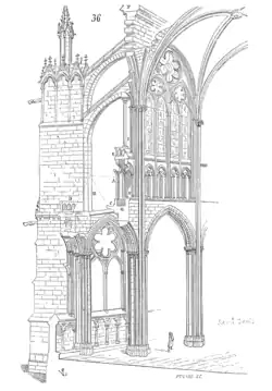Gothic pointed windows, colonnades and vaults at the Abbey of Saint-Denis, Paris, drawn by Eugène Viollet-le-Duc