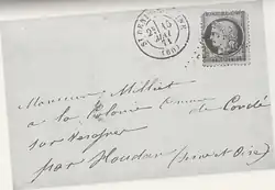 Back of a letter, bearing the following cancellation: "Saint-Denis-sur-Seine (60) May 15th 1871". It is addressed to : "Monsieur Milliet à la Colonie de Condé sur Vesgre."