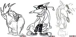 A row of three sketches depicting an anthropomorphic marsupial-like creature. The left character resembles a stocky, slouching wombat, while the middle character is taller, leaner, has a longer snout and wears a dark Zorro-like mask, and the right character is a combination of the two preceding designs, being lean, slouching and bare-faced.