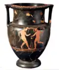 Column krater, red-figure pottery, satyr dances 375-350 BC, tomb 32, Poggio Sommavilla necropolis, SBALazio, southern Etruria.