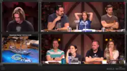 The screenshot is divided into four with a wider column on the right side. The ride side column is divided into the top table, with three cast members, and the bottom table, with four cast members. The top of the left side column contains Mercer and the bottom contains a battle map that is zoomed out showing a full ship diorama.