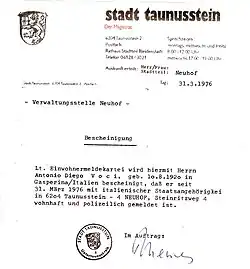 In 1976, the metamorphous of Diego for his middle name was completed by Diego on at least one official document when he registered residence in Taunusstein (by Wiesbaden) at the time he and Helga purchased their first and last home and studio. The name is "Antonio Diego Voci", finally official recognition of Diego on a government document