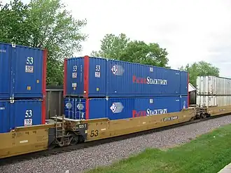 North American container train services often employ double-stacked container cars, as here in Rochelle, Illinois.