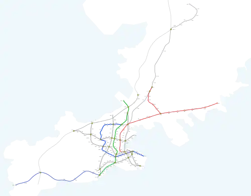 Schematic map of Dalian Metro, with color-coded lines