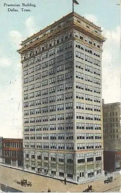 Image 26The Praetorian Building in Dallas, completed 1909, was the first skyscraper west of the Mississippi and the tallest in Texas. (from History of Texas)