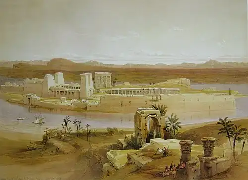 Bigeh (foreground) and Philae with temple, in the First Cataract of the Nile River. (1838 painting by David Roberts).