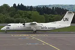 A turboprop plan with two engines. "United Nations" is pained on the side