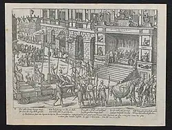 Anjou's inauguration in front of Antwerp's City Hall on 22 February 1582 ( Print Room of the University of Antwerp)