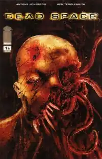 Vertical rectangular artwork of the front cover of a comic book. Depicted is a drawing of the face of a grotesque alien monster with sharp teeth and tentacles protuding from the lower half of its head.