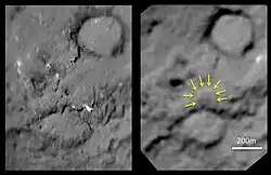 'Before and after' comparison images from Deep Impact and Stardust, showing the crater formed by Deep Impact on the right hand image.