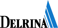The name "Delrina" spelled in black serif letters, with the final "A" extended to the upper right by a large blue triangle pattern