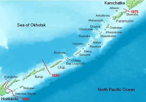 Image 81The Kuril Islands, with their Russian names. The borders of the Treaty of Shimoda (1855) and the Treaty of St. Petersburg (1875) are shown in red. Currently, all islands northeast of Hokkaido are administered by Russia. (from Geography of Japan)