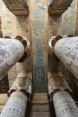 Painted relief on columns, beams, and ceilings at Dendera Temple. First to second century AD.