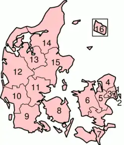 Map of Denmark showing the former counties