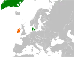 Map indicating locations of Denmark and Ireland
