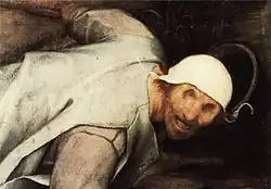 Detail of a painting. A man with no eyes and a white hat stumbles.