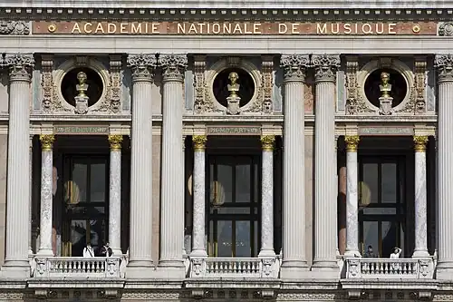 Beaux Arts Corinthian columns on the facade of the Palais Garnier, Paris, by Charles Garnier, 1861–1874[26]