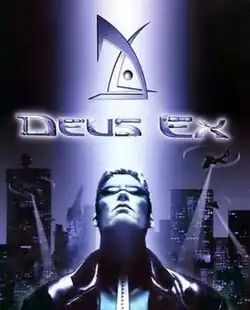 At the center of the cover, smooth slender mechanical objects shaped as letters spell the game's title. A man wearing sunglasses and a black trench coat looks upward at a light shining down on him. A cityscape of skyscrapers with black helicopters shining searchlights downward are in the background.