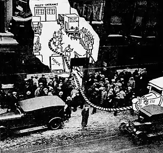 Press photo of the exterior of the garage, with the center of the image replaced by a diagram showing the way in which the murder was carried out