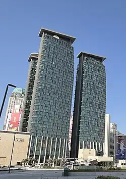 Three of the five matching skyscrapers associated with the Doha City Center Mall