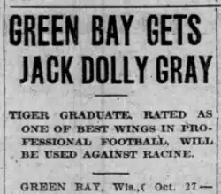 Newspaper clipping showing the title "Green Bay Gets Jack Dolly Gray"